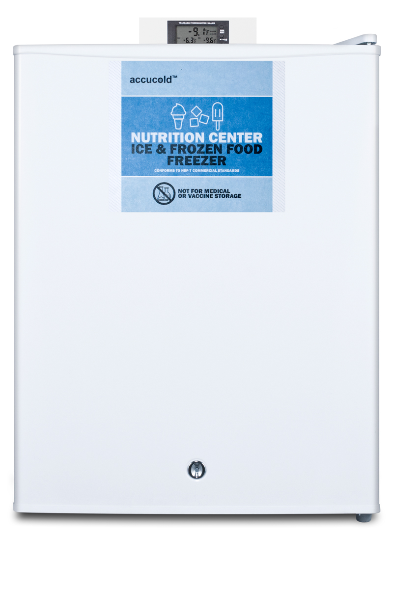 Commercially approved Nutrition Center series compact all-freezer in white with front lock and NIST calibrated digital temperature display